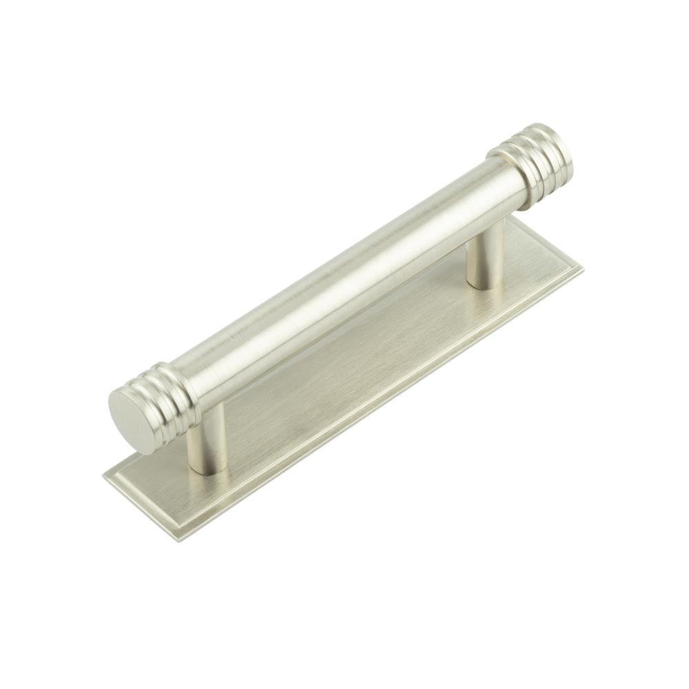 Hoxton Sturt Cabinet Handles 96mm Ctrs Stepped Backplate  Satin Nickel - Hoxton Kits