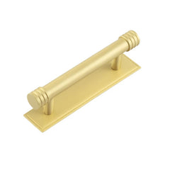 Hoxton Sturt Cabinet Handles 96mm Ctrs Stepped Backplate  Satin Brass - Hoxton Kits
