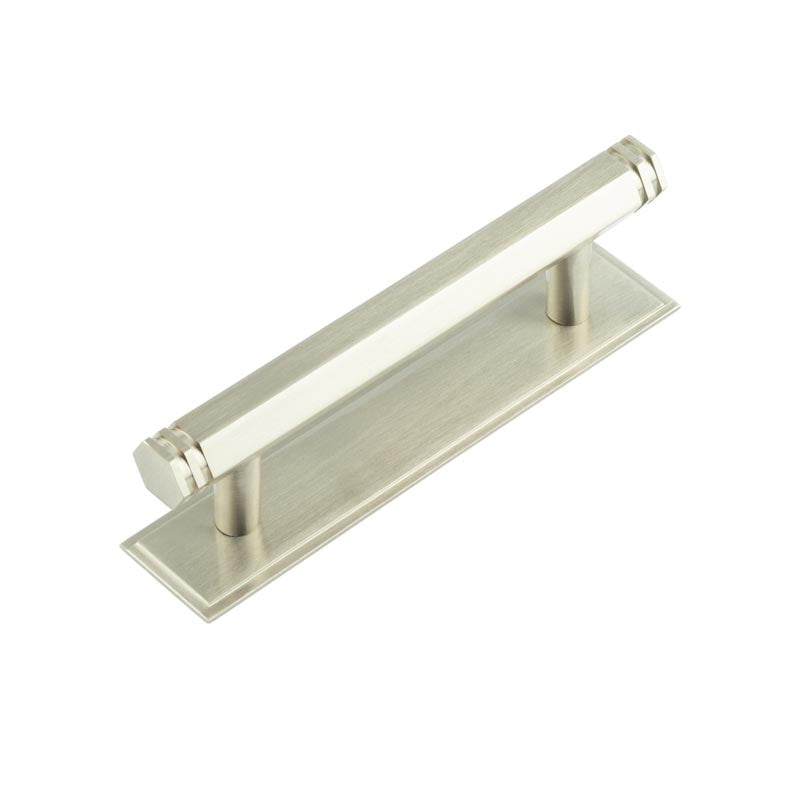 Hoxton Nile Cabinet Handles 96mm Ctrs Stepped Backplate  Satin Nickel - Hoxton Kits