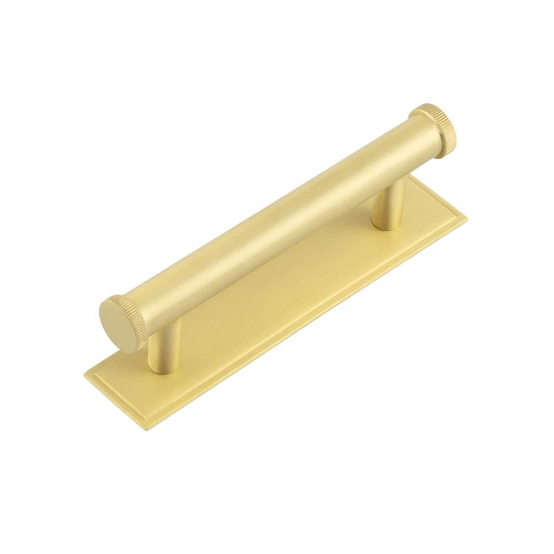 Hoxton Thaxted Cabinet Handles 96mm Ctrs Stepped Backplate  Satin Brass - Hoxton Kits